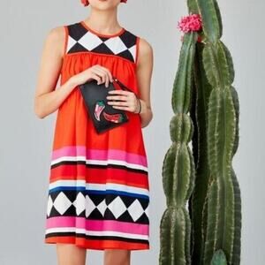 Kate Spade New York Black Red Geo Babydoll Belted Sleeveless Dress  Size XS